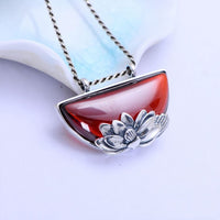 Silver Lotus with Natural Garnet Necklace Pendant - (S925 - Sterling Silver)