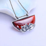 Silver Lotus with Natural Garnet Necklace Pendant - (S925 - Sterling Silver)