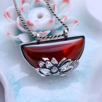 Silver Lotus with Natural Garnet Necklace Pendant - (S925 - Sterling Silver)