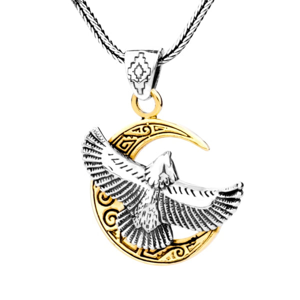 Sterling Silver Eagle and Golden Moon Pendant with Necklace - (S925 - Sterling Silver)