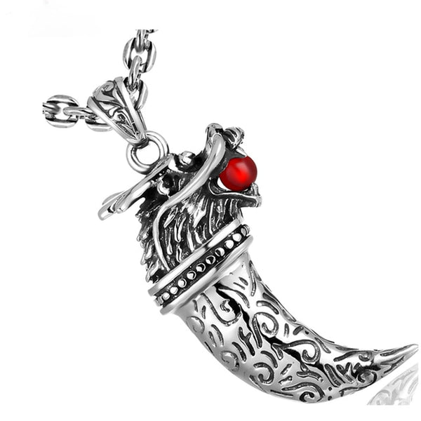 Silver Dragon Head Pendant with Garnet and Snake Chain Necklace - (S925 - Sterling Silver)