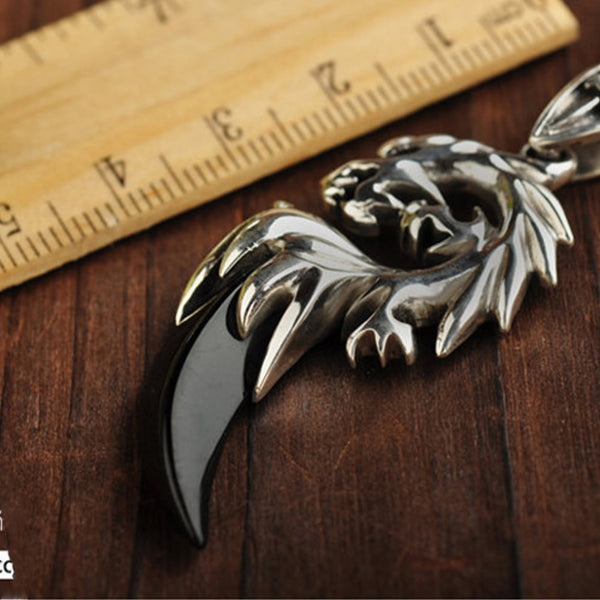 Sterling Silver Dragon Head Pendant with Natural Agate Crescent with Necklace - (S925 - Sterling Silver)