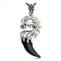 Sterling Silver Dragon Head Pendant with Natural Agate Crescent with Necklace - (S925 - Sterling Silver)