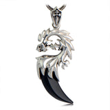 Sterling Silver Dragon Head Pendant with Natural Agate Crescent with Necklace - (S925 - Sterling Silver)