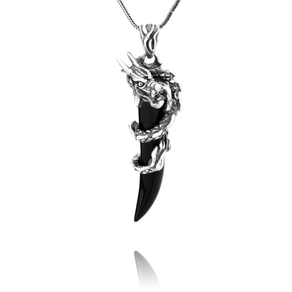 Dragon Pendant with Agate and Solid Silver Necklace - (S925 - Sterling Silver)