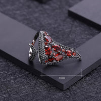 Sterling Silver Natural Red Garnet Ring with Earrings - (S925 - Sterling Silver)