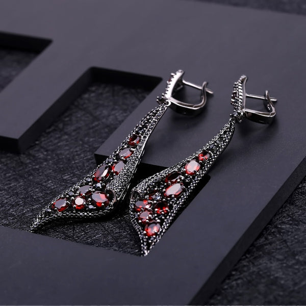 Sterling Silver Natural Red Garnet Ring with Earrings - (S925 - Sterling Silver)