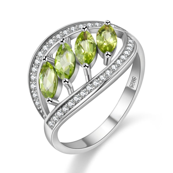 Sterling Silver Leaf Ring with Natural Green Peridot - (S925 - Sterling Silver)