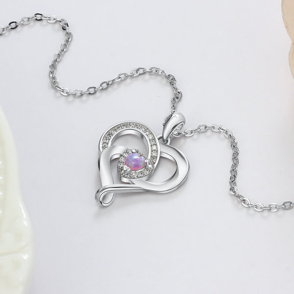 Silver Heart Shaped Pink Opal Pendant with Necklace - (S925 - Sterling Silver)