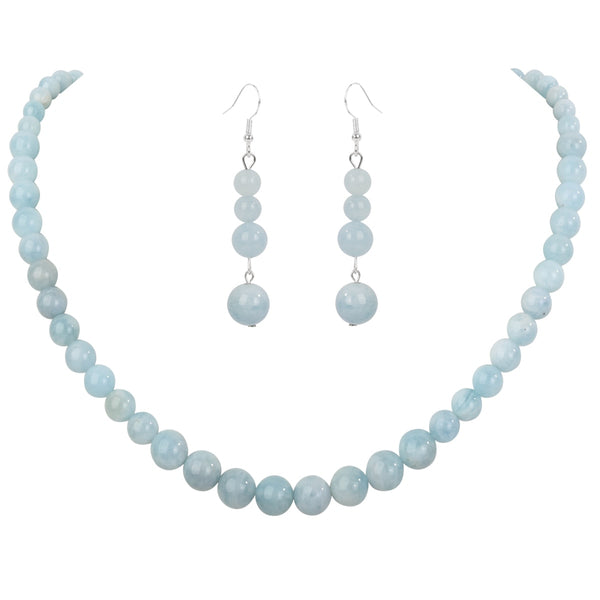 Silver Aquamarine Choker Necklace with Earrings - (S925 - Sterling Silver)